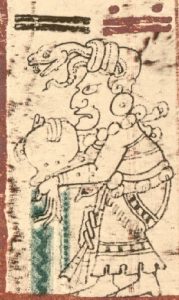 Ixchel empties the water jar, washing away the old world in order to bring in the new. From the Dresden Codex