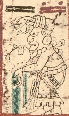 Ixchel empties the water jar, washing away the old world in order to bring in the new. From the Dresden Codex